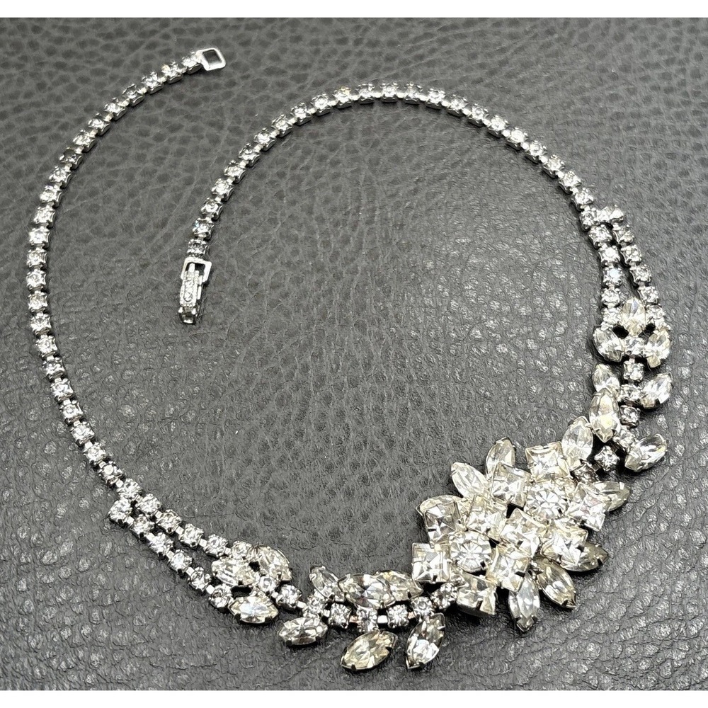 Vintage Art Deco Rhinestone Cluster Statement Necklace Choker Silver Tone 15"